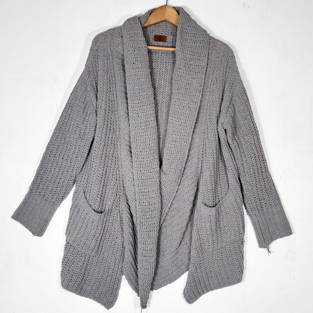 POL Oversized Chenille Cardigan Sweater Womens S Open Front‎ Pockets Gray Knit